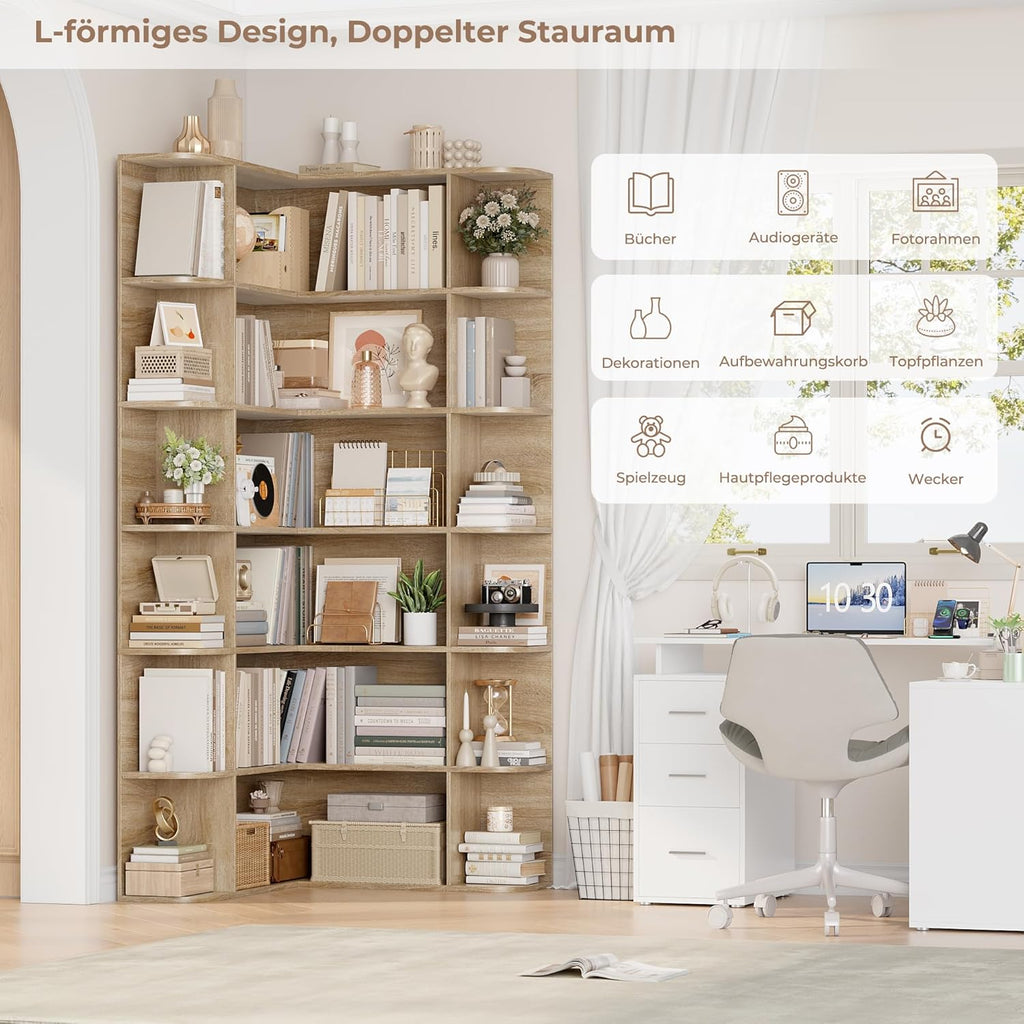 Estantería esquinera de pie FirFurd de 185 cm, librería rinconera con 6 niveles, armario esquinero en forma de L, vitrina de esquina para despacho, salón o cocina, 80 x 84 x 185 cm, roble
