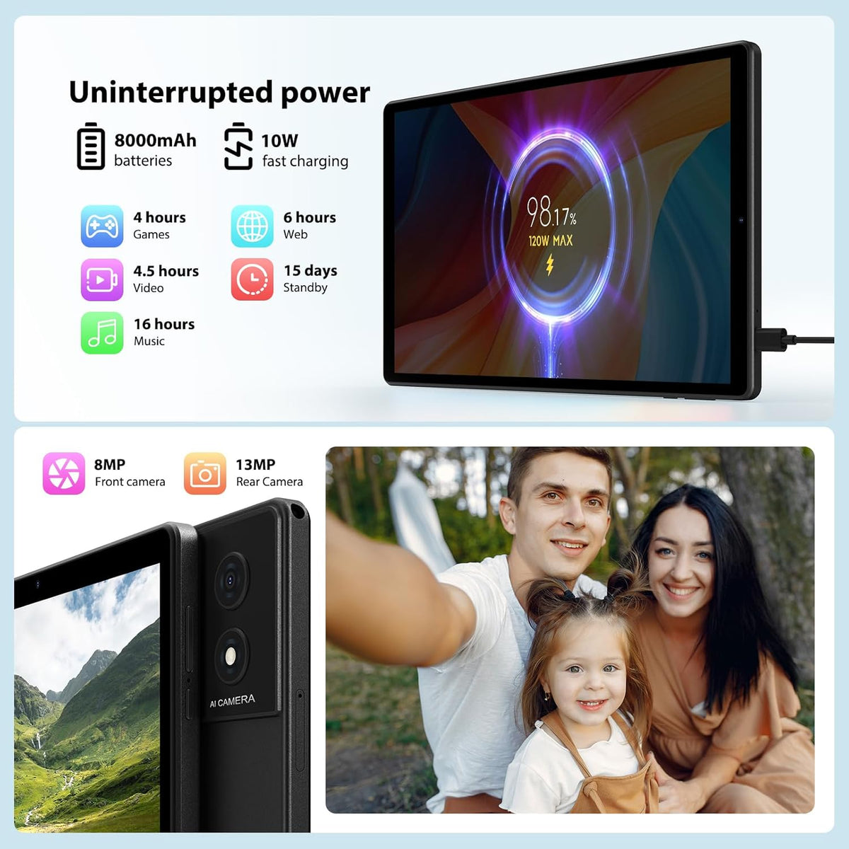 Tableta Android 15 de 10,4 pulgadas, 4G LTE y WiFi 5G, Octa-Core, 36 GB RAM + 512 GB ROM (1 TB TF), pantalla FHD 2K 2000x1200, Widevine L1/GMS/GPS/8+13 MP/batería de 8000 mAh con teclado y ratón (negro)
