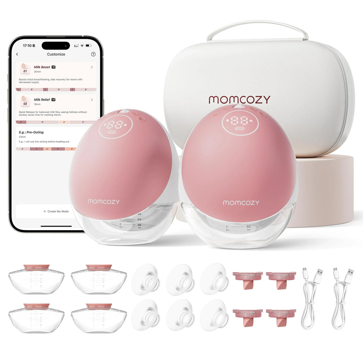 Extractor de leche eléctrico portátil Momcozy M9, manos libres, paquete de 2 unidades, color rojo, control por aplicación, 15 niveles, embudo de 24 mm, 150 ml