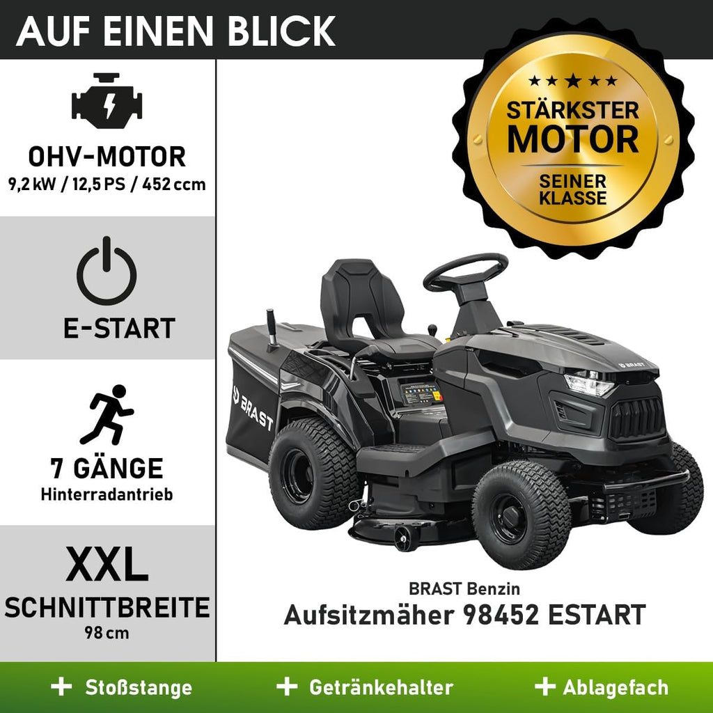 Tractor cortacésped a gasolina BRAST | 9,2 kW (12,5 CV) | Arranque eléctrico | Ancho de corte XXL de 98 cm | Función 2 en 1 | Transmisión de 7 velocidades | Cesta de recogida de 245 L | para grandes superficies de césped de 1.000-5.000 m²