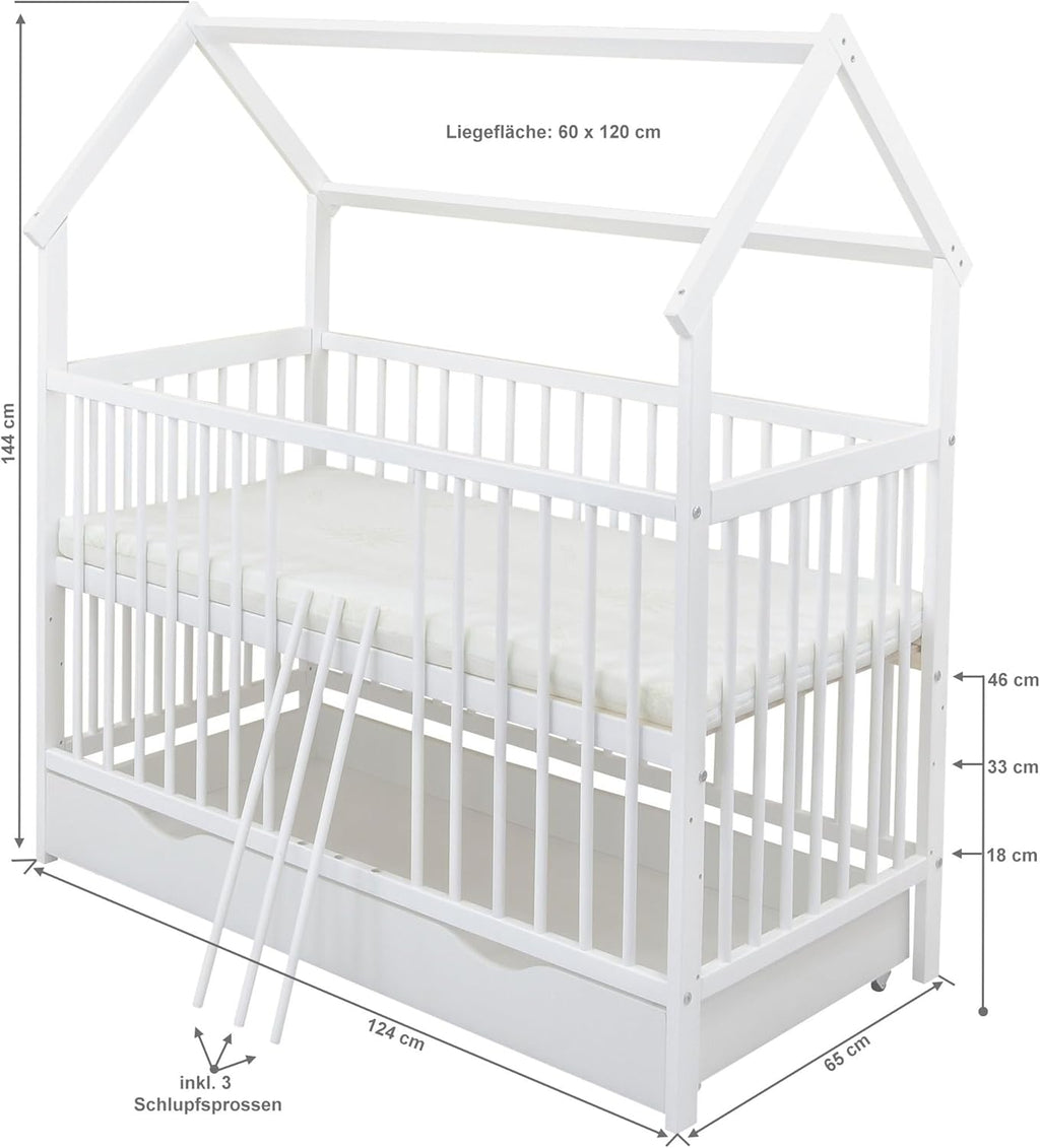 Set completo de cuna Baby Delux, cama casita de 60x120 cm, color blanco, con cajón, barrera anticaídas, colchón, ropa de cama y set de decoración (Prince Stars)