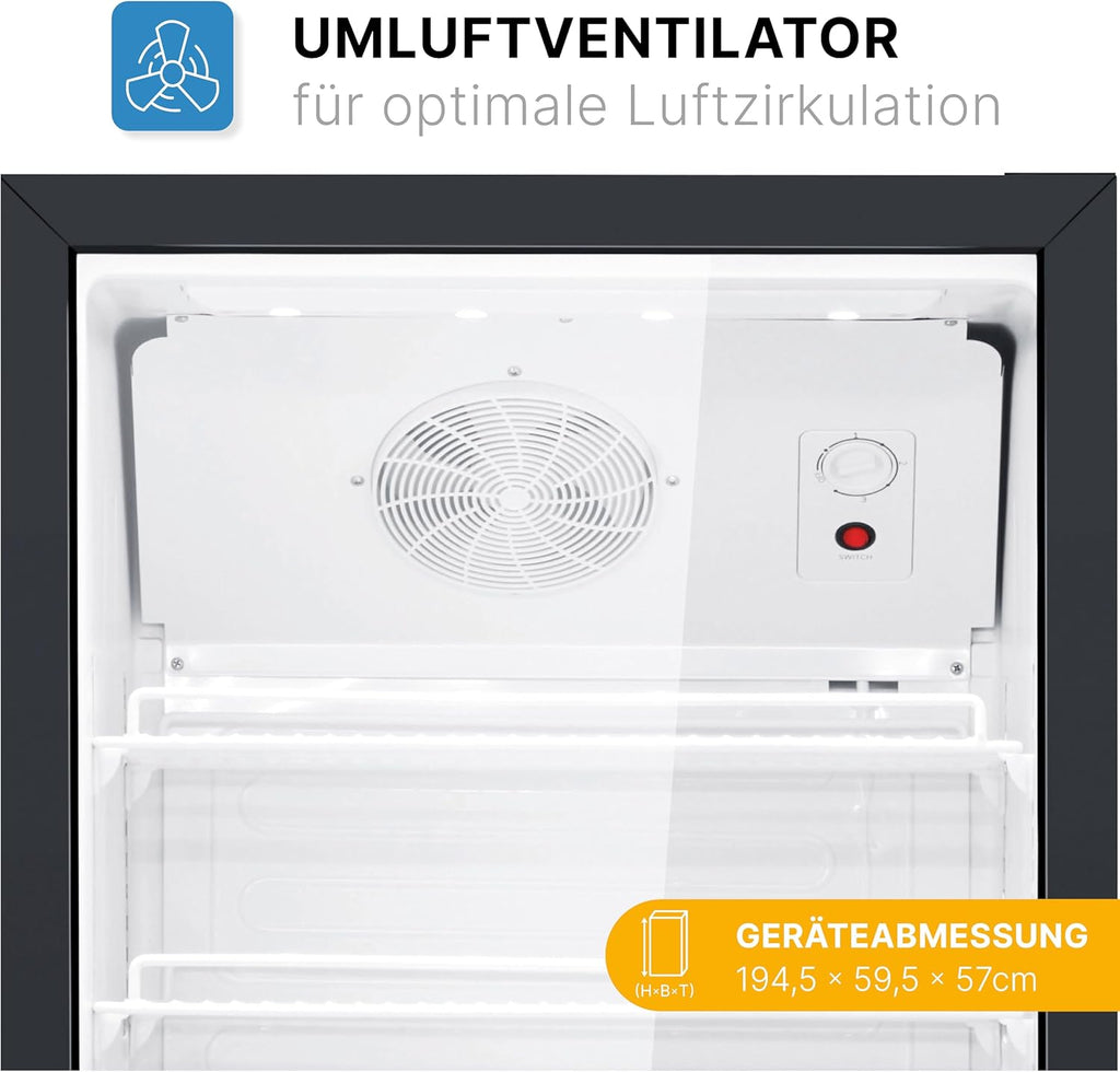 Refrigerador con puerta de cristal Bomann, refrigerador de bebidas con cerradura, 6 estantes de altura ajustable, 30 kg por estante, refrigerador grande de 347 litros, enfriador de botellas con luz LED KSG 7351 negro