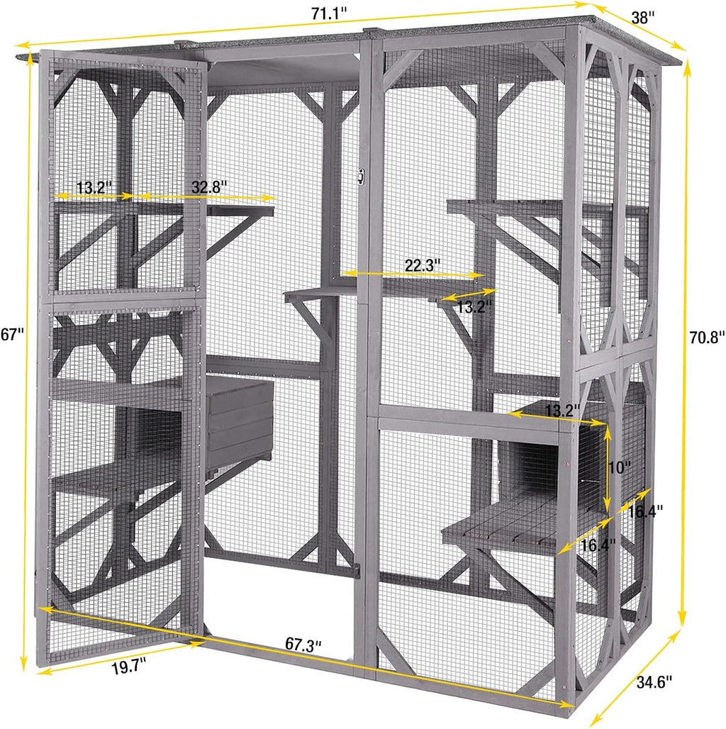 Casa para gatos, recinto exterior para gatos (catio), jaula de madera para gatos, condominio con puerta de entrada extra grande, parque interior con plataformas y casita.