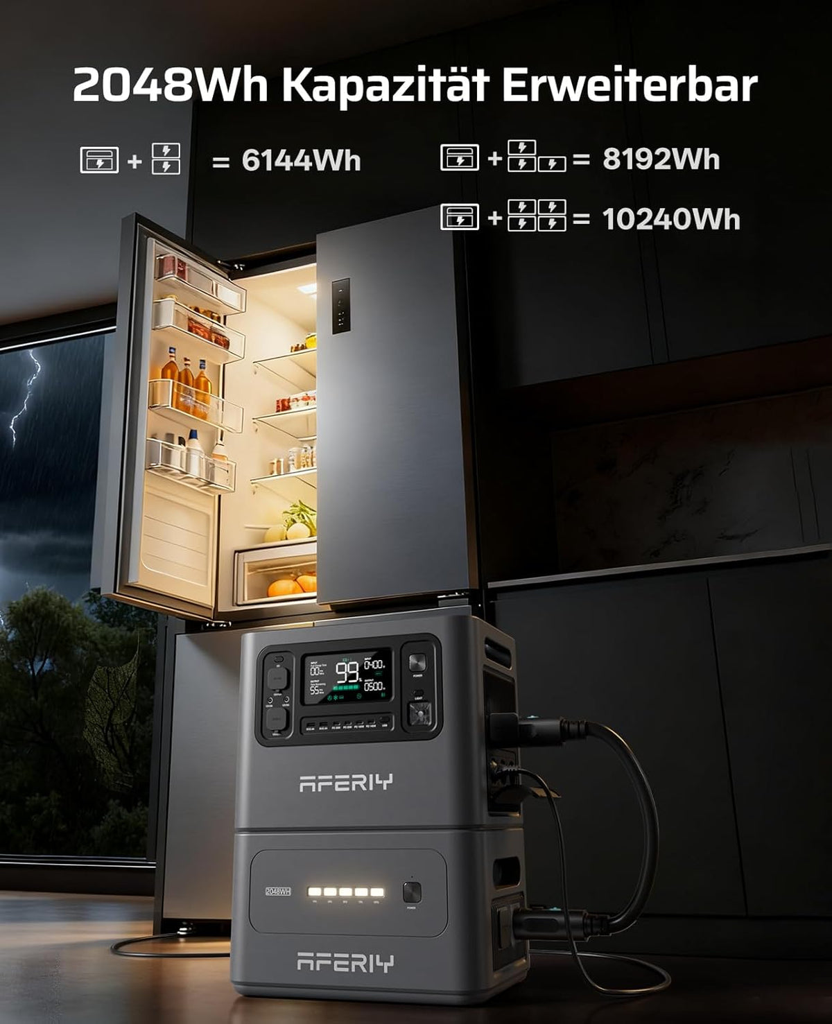 AFERIY 2800W Estación de energía portátil, 2048Wh LiFePO4 Carga rápida en 1,5h, 13 salidas, Onda sinusoidal pura 230V, SAI, Ampliable a 4096Wh, Generador solar para camping/oficina en casa 2025 Nuevo