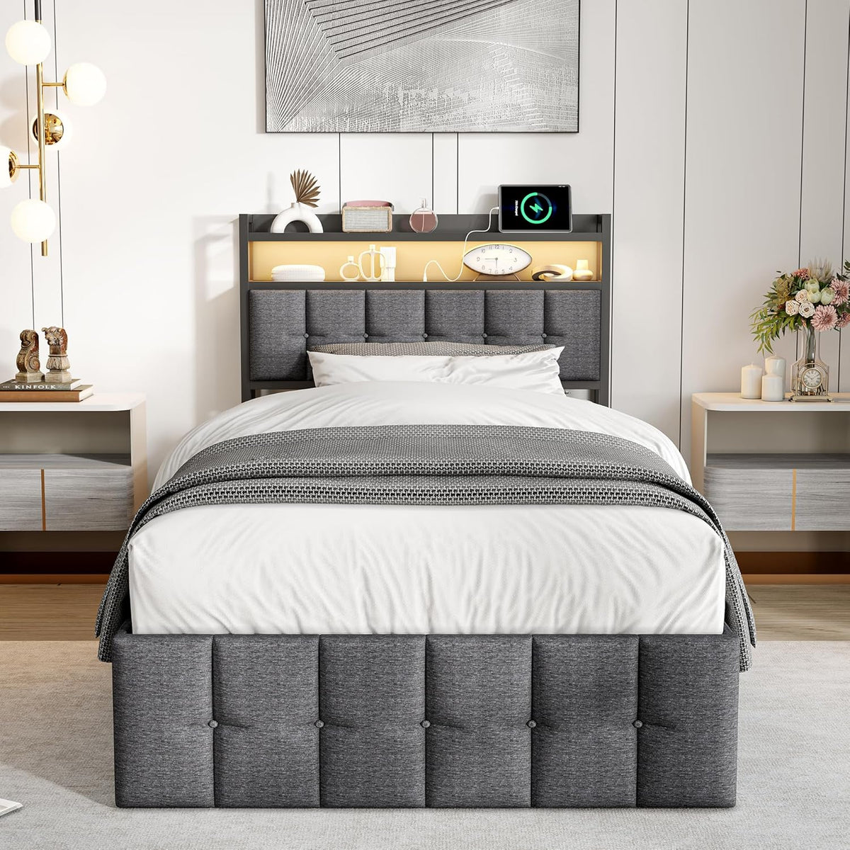 Marco de cama 90x200, cama boxspring con LED, cama individual con almacenamiento, cama tapizada hidráulica con almacenamiento, cama funcional, cama juvenil con USB, cama tapizada para 1 persona (gris + lino)