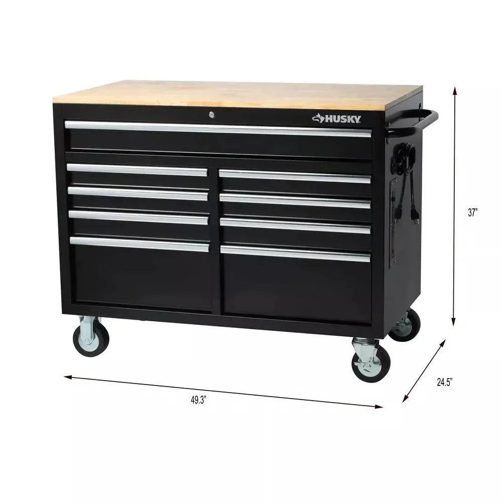 46 pulgadas ancho x 24 pulgadas profundidad, caja de herramientas profunda de 9 cajones, negro brillante, banco de trabajo móvil
