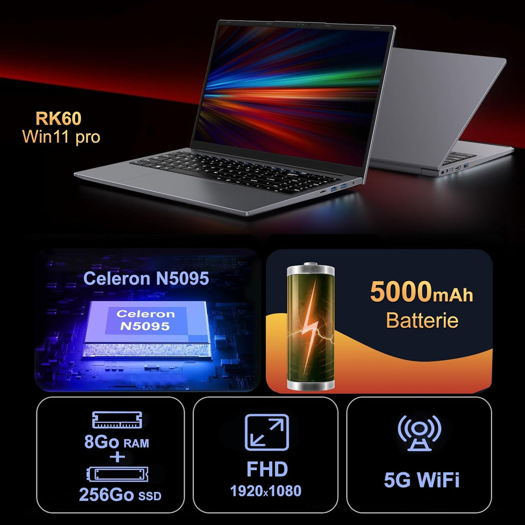 Portátil Ruzava de 15,6 pulgadas Celeron N5095 Win11 Pro 8GB RAM 256GB SSD Expansión 1TB 5G WiFi 1920x1080 FHD con ratón inalámbrico, teclado QWERTY con membrana de teclado AZERTY - Gris