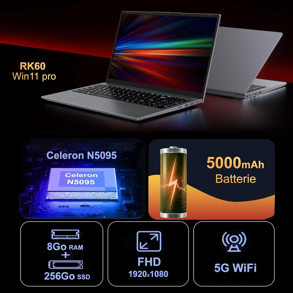 Portátil Ruzava de 15,6 pulgadas Celeron N5095 Win11 Pro 8GB RAM 256GB SSD Expansión 1TB 5G WiFi 1920x1080 FHD con ratón inalámbrico, teclado QWERTY con membrana de teclado AZERTY - Gris