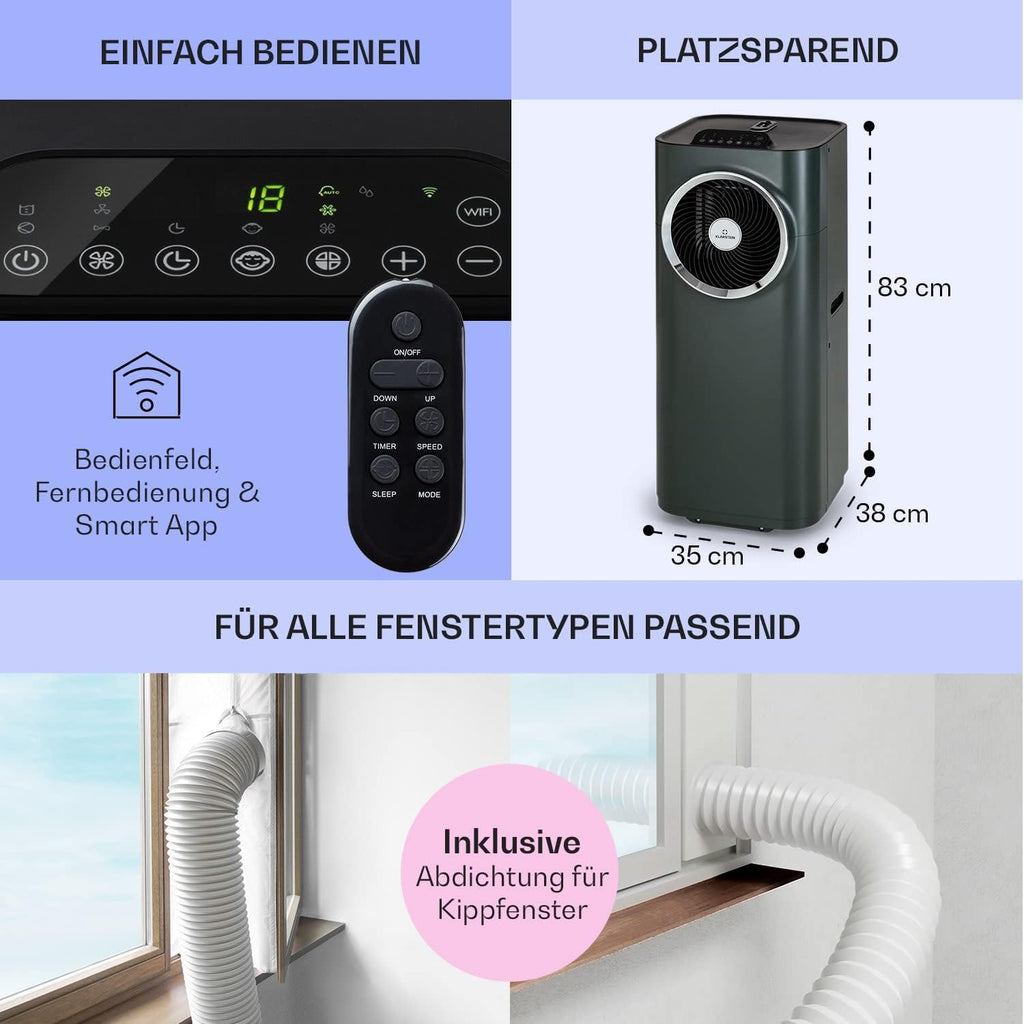 Acondicionador de aire portátil Klarstein con manguera de escape, unidad de climatización 5 en 1, ventilador, deshumidificador, purificador de aire y modo nocturno, control por aplicación, pequeño y portátil, para hogar y oficina, 12000 BTU