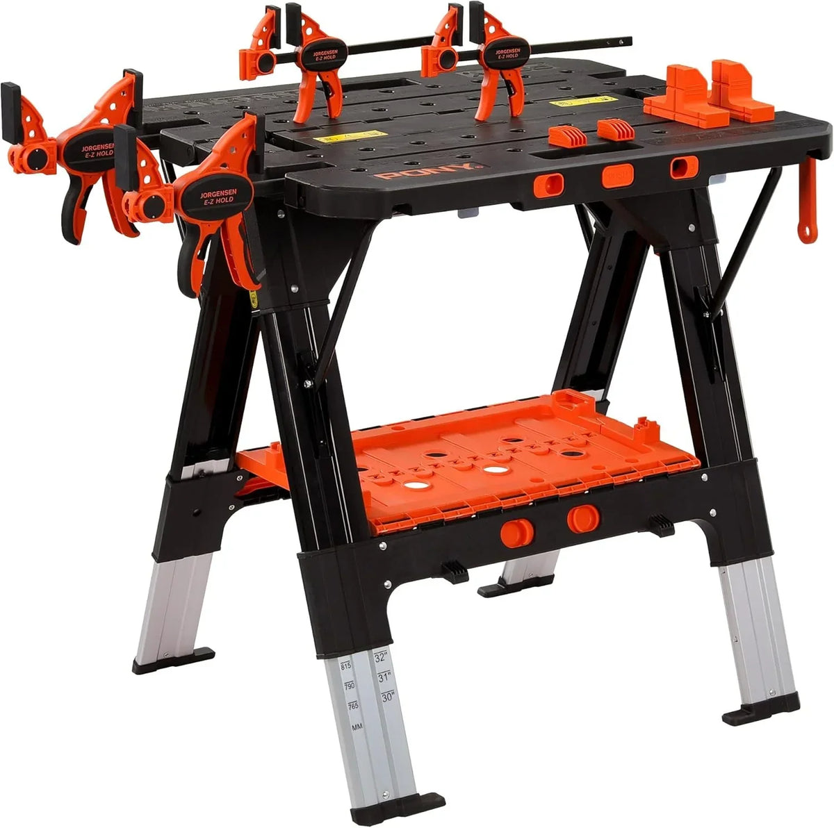Banco de trabajo plegable 2 en 1, caballete, capacidad de carga de 454 kg, patas de aluminio ajustables, 79 x 63,5 x 89 cm, incluye prensas de tornillo