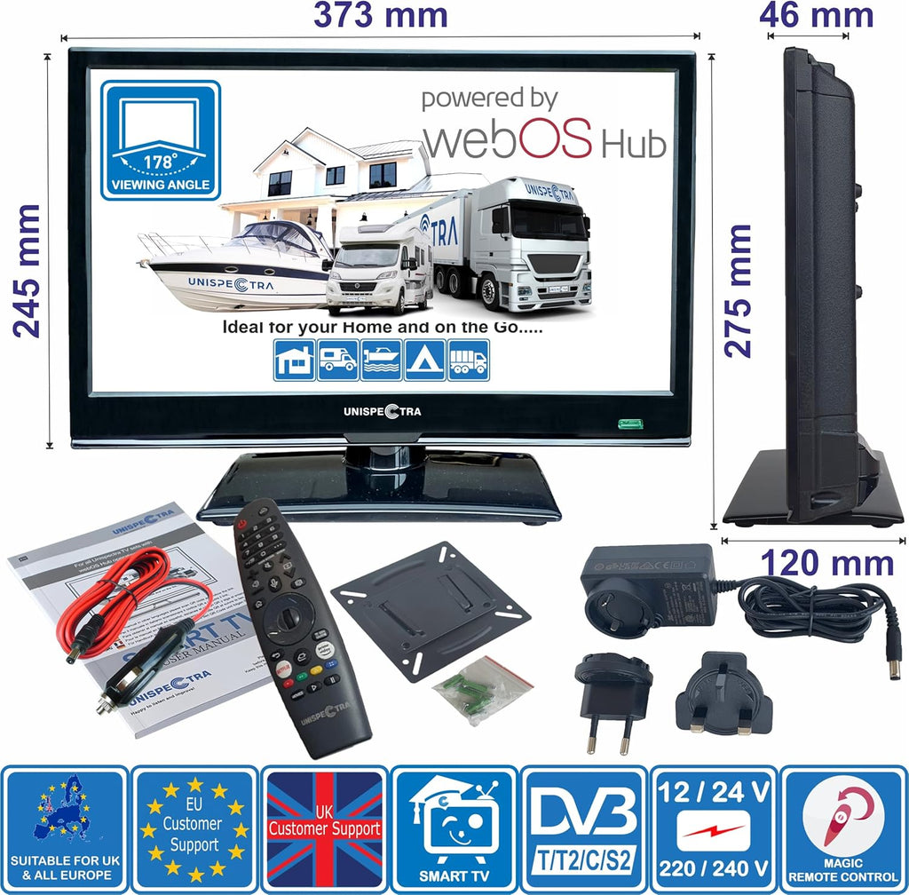 Smart TV Unispectra® de 16” (webOS) Full HD 230V 24V, triple sintonizador: satélite, antena, televisión por cable, 3xHDMI, 2xUSB, Magic Remote. Televisor de 12V para autocaravanas, caravanas, camiones, furgonetas y barcos.
