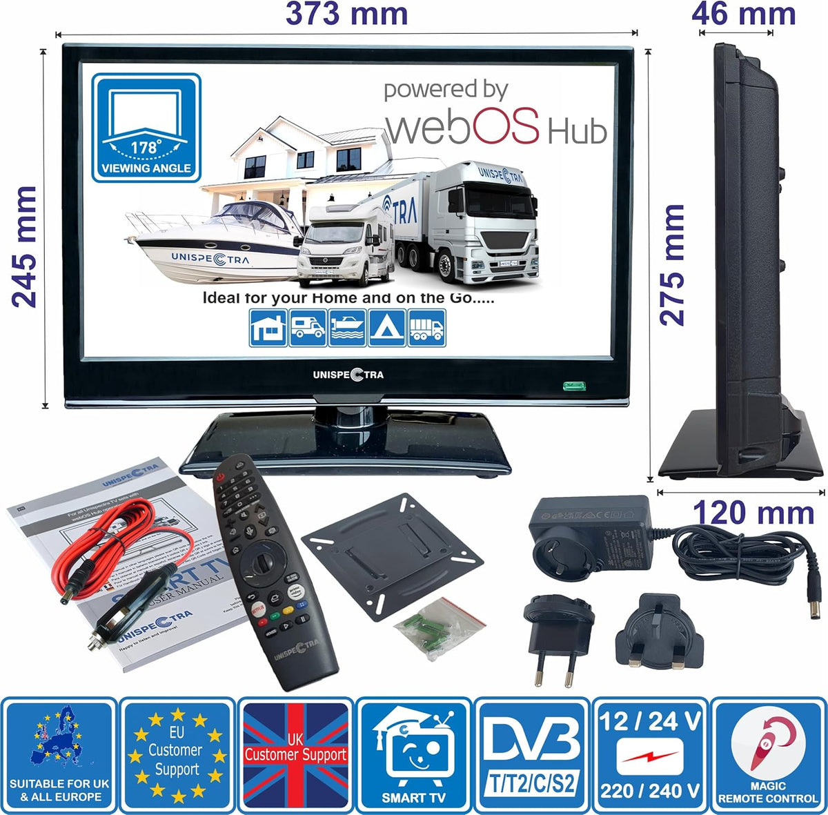 Smart TV Unispectra® de 16” (webOS) Full HD 230V 24V, triple sintonizador: satélite, antena, televisión por cable, 3xHDMI, 2xUSB, Magic Remote. Televisor de 12V para autocaravanas, caravanas, camiones, furgonetas y barcos.