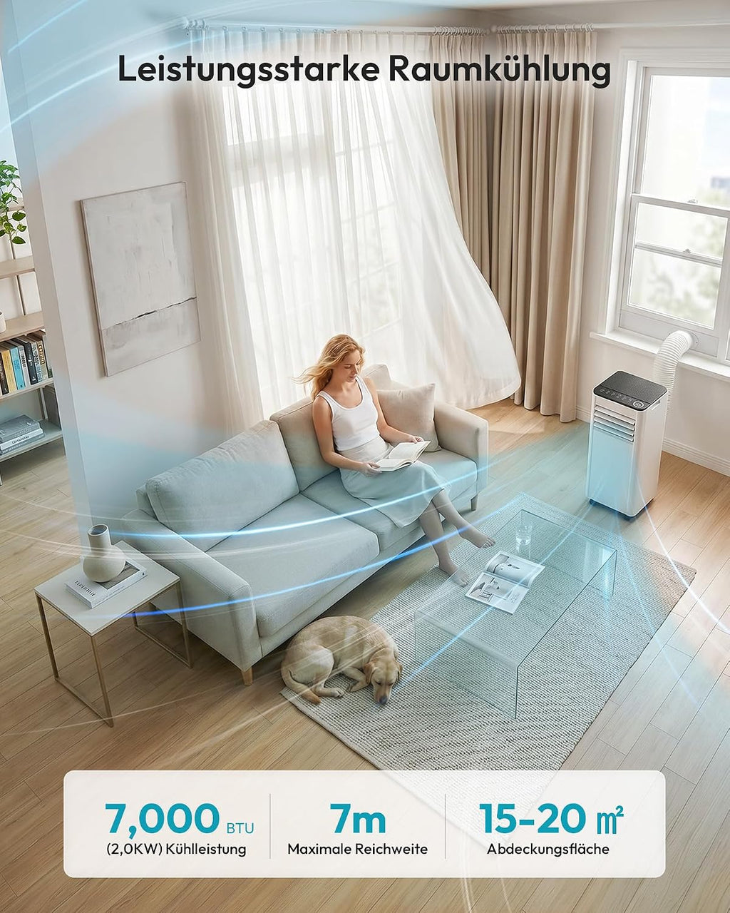 Aire acondicionado portátil 7000 BTU OL-A016FF20N2 con manguera de escape, kit de ventana, 4 en 1 y temporizador de 24 h