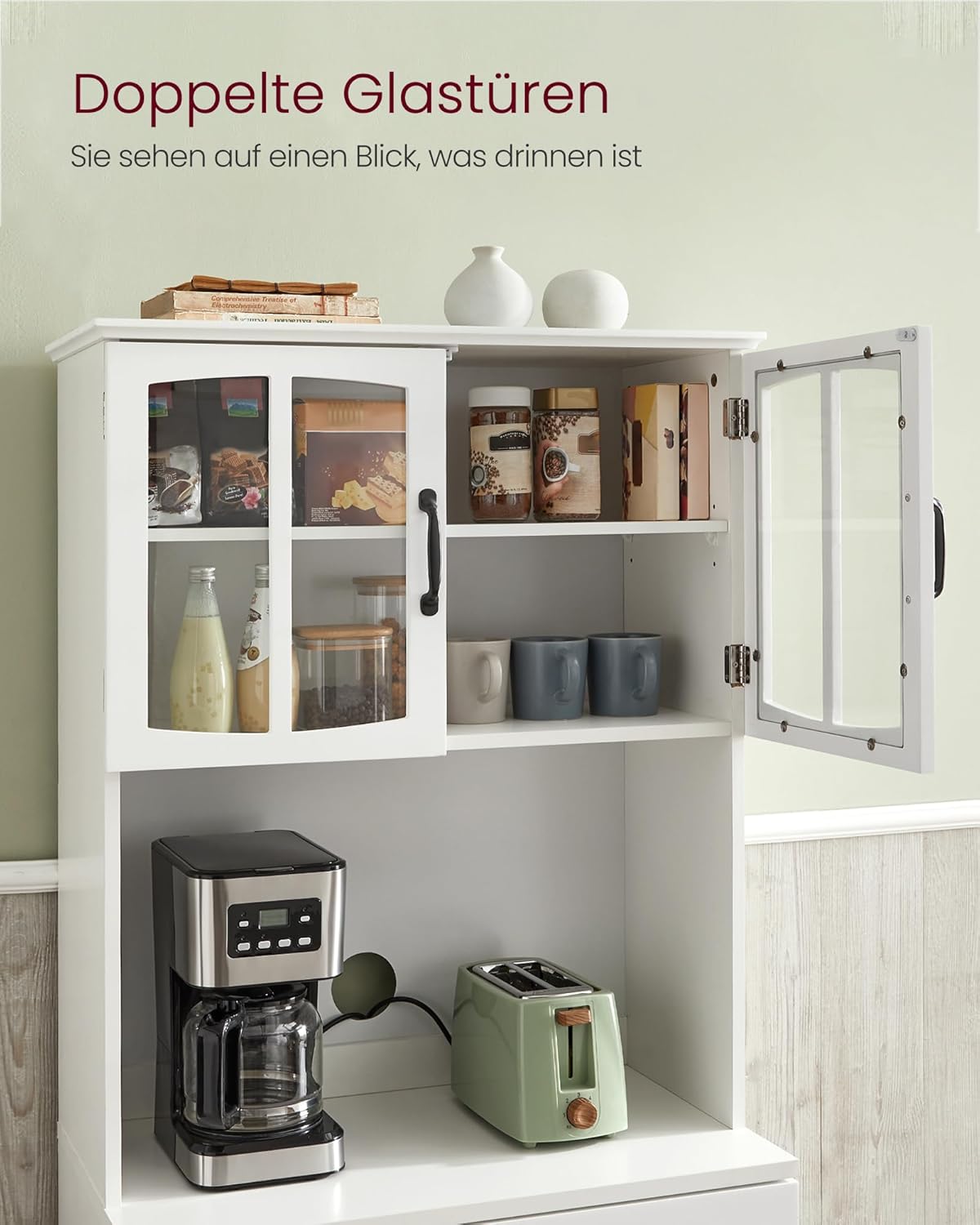 VASAGLE Armario de cocina, armario multiusos, armario de despensa, con estantes ajustables, apto para microondas, cajón, puertas de cristal, orificio para cables, estilo moderno, blanco LSC361W21