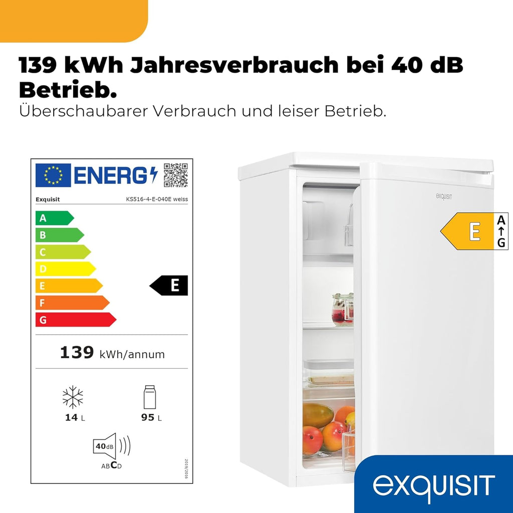 Frigorífico con congelador Exquisit, 109 l de capacidad útil, clase energética E, 40 dB(A), diseño compacto, congelador de 4 estrellas, iluminación LED, descongelación manual, KS516-4-E-040E, blanco