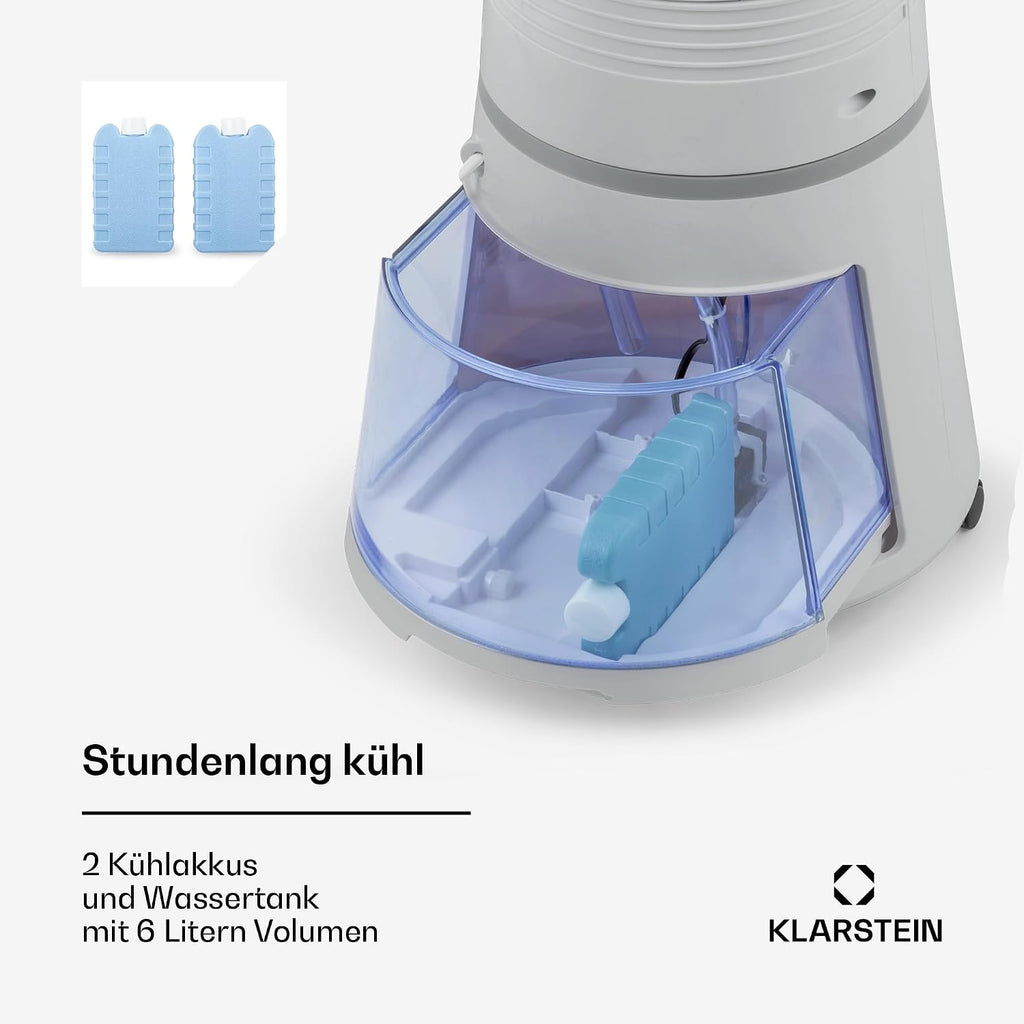 Klarstein 4 en 1: Enfriador de aire inteligente, ventilador, humidificador e ionizador I Depósito de agua de 6 L, oscilación, 30 W, 210 m³/h, temporizador I Aire acondicionado sin tubo de escape, aire acondicionado móvil, plata