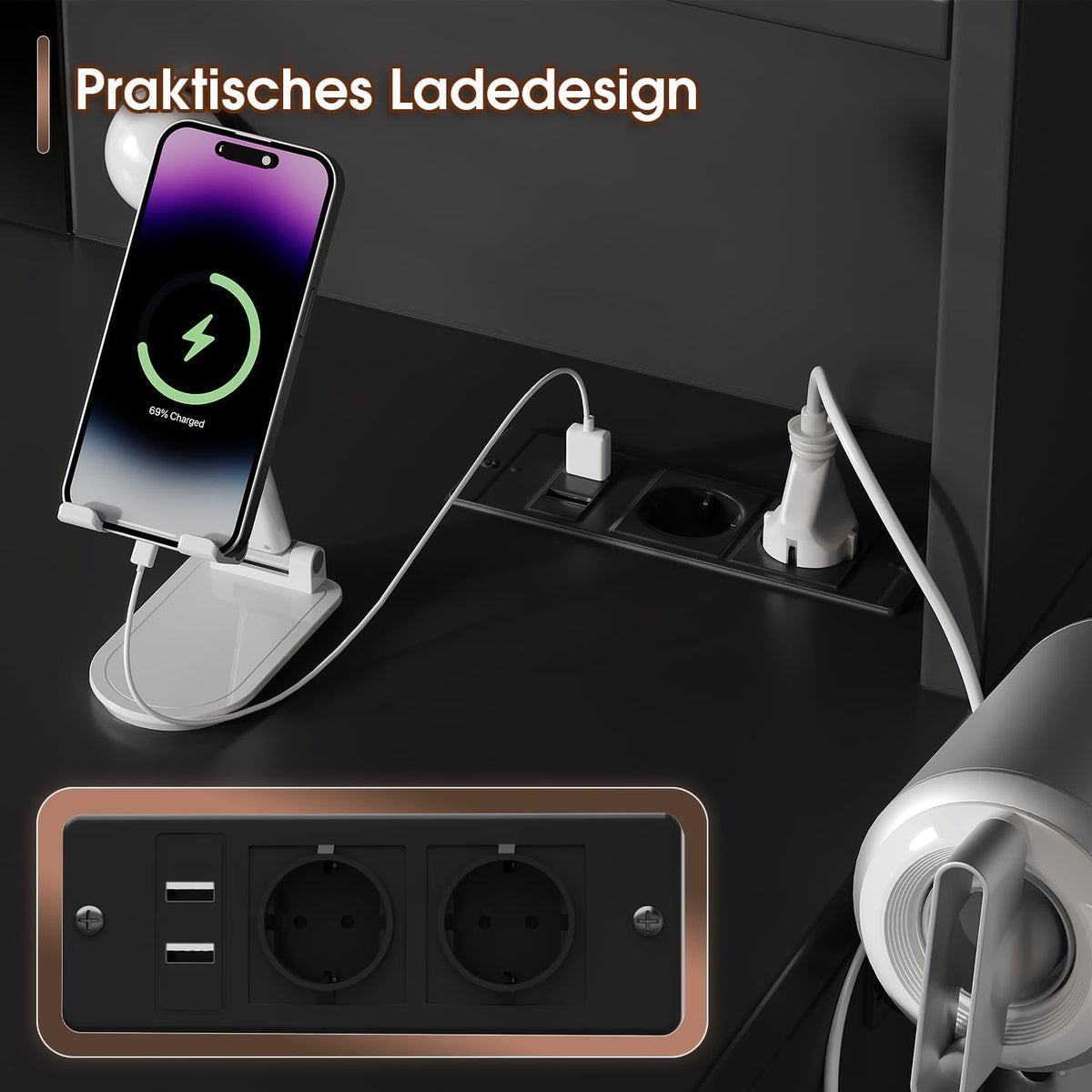 Tocador grande JUMMICO con iluminación LED ajustable y enchufes, tocador con espejo y 7 cajones, tocador moderno con 10 luces LED para dormitorio, negro