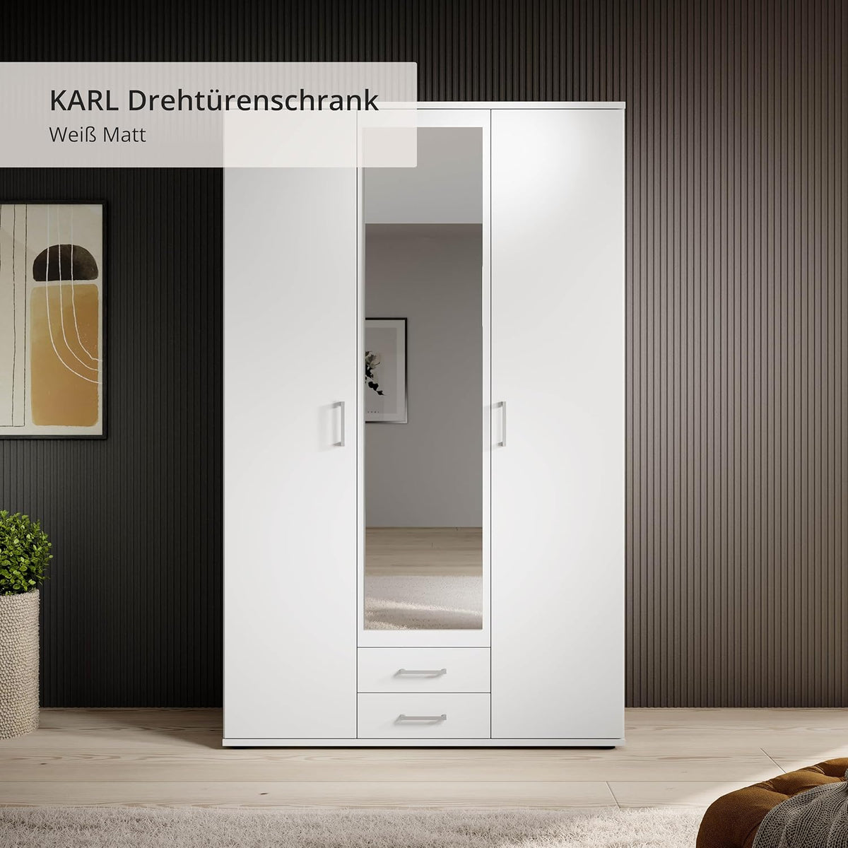 Stella Trading KARL Armario elegante de 3 puertas con gran espacio de almacenamiento - Armario versátil de puertas batientes en color blanco con puerta de espejo - 120 x 195 x 55 cm (ancho/alto/fondo)