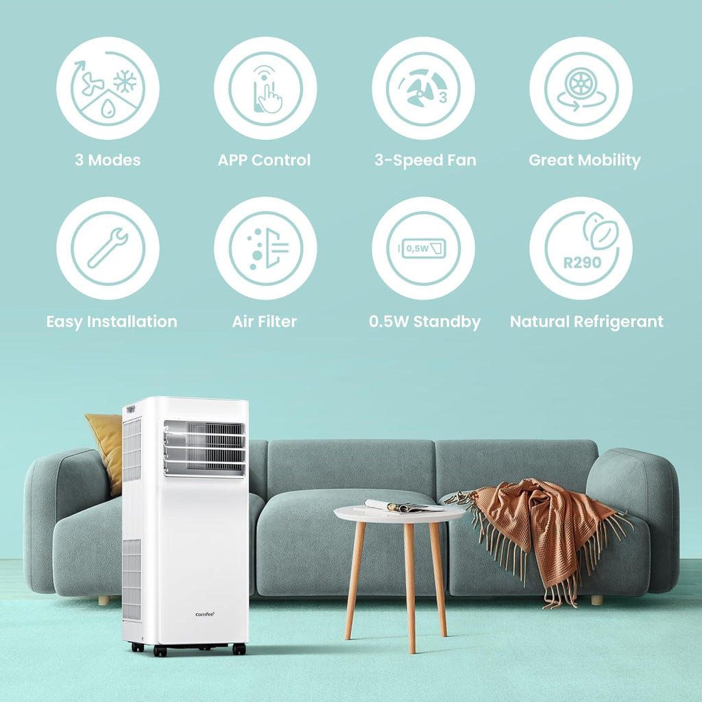 Aire acondicionado portátil Comfee Breezy Cool Pro 2.6, 9000 BTU 2,6 kW, refrigeración, ventilación y deshumidificación, control por aplicación, para habitaciones de hasta 88 m³ (33 m²), aire acondicionado móvil con tubo de escape