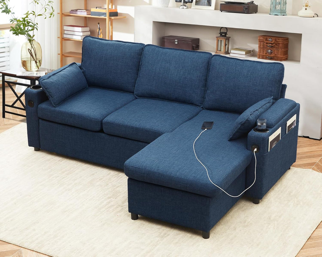 DURASPACE Sofá cama extraíble 2 en 1, sofá seccional con almacenamiento, USB, portavasos, función de dormir y arcón, sofá esquinero con espacio de almacenamiento para apartamento, sala de estar (azul)