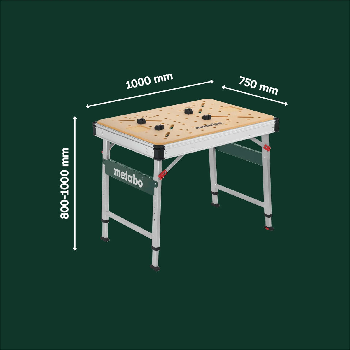 Mesa multifunción Metabo MWB 100, banco de trabajo plegable, caballete móvil, 120 kg, incl. 2 sargentos y 4 topes de banco