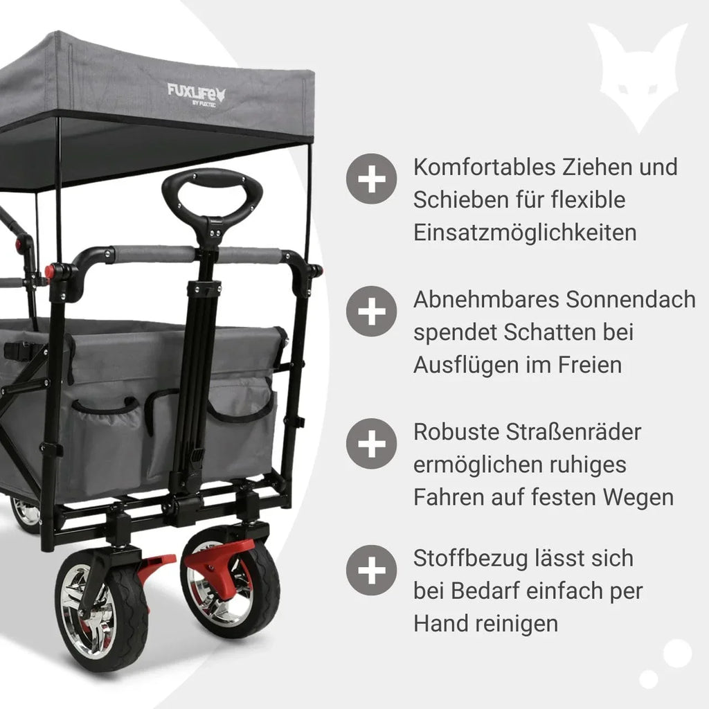 Carrito de mano plegable y compacto Fuxtec FX-CT700 gris, con frenos, asiento acolchado, mango ajustable en altura, para excursiones