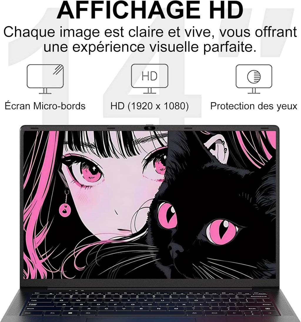 Portátil de 14 pulgadas Celeron N5095 Win11 Pro 8 GB RAM 256 GB SSD con expansión de 1 TB, WiFi 5G, FHD 1920x1080, PC portátil con ratón inalámbrico, teclado QWERTY con membrana de teclado AZERTY - Negro metalizado