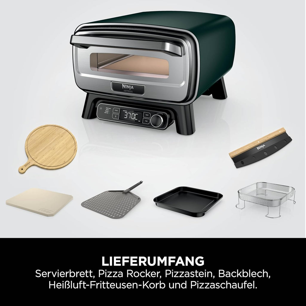 Horno de pizza para exteriores y freidora de aire Ninja Artisan, 4 funciones, tabla de servir, cortador de pizza, piedra para pizza de 30 cm, pala para pizza, bandeja para hornear y cesta para freidora de aire, verde MO201AMZEU