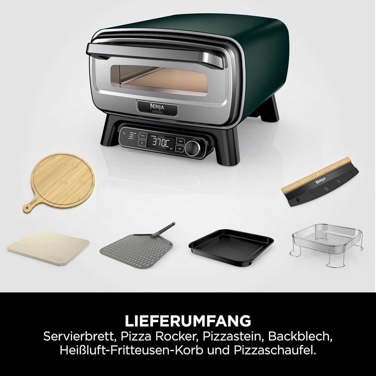 Horno de pizza para exteriores y freidora de aire Ninja Artisan, 4 funciones, tabla de servir, cortador de pizza, piedra para pizza de 30 cm, pala para pizza, bandeja para hornear y cesta para freidora de aire, verde MO201AMZEU