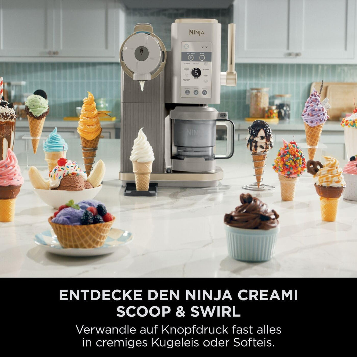 Heladera Ninja CREAMi Scoop & Swirl con 2 recipientes, 13 funciones, para helados, helado suave, gelato, sorbetes, batidos y más, con función Mix-In, Stone Gold NC701EUSTGD