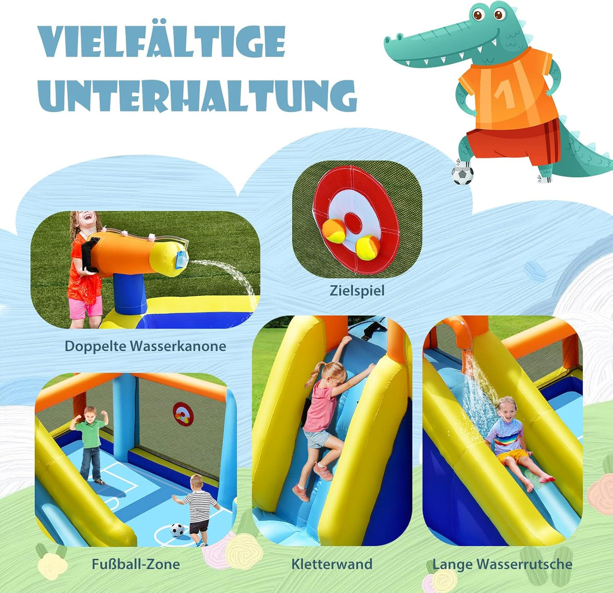 COSTWAY Castillo hinchable con soplador, tobogán acuático, piscina infantil, zona de fútbol, muro de escalada, dos cañones de agua y juego de diana, piscina de juegos 500 x 465 x 200 cm