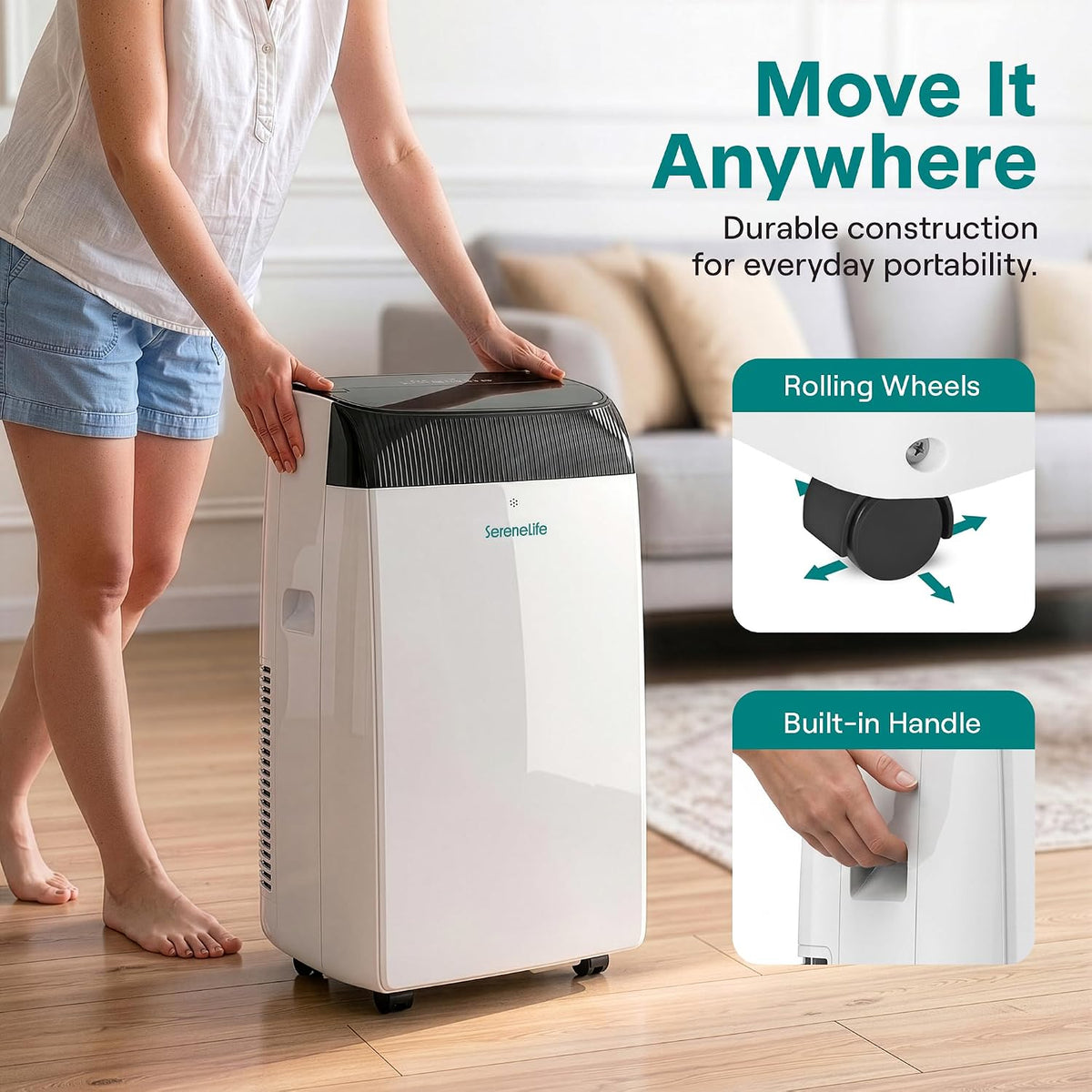 Aire acondicionado portátil SereneLife de 12,000 BTU con deshumidificador, calefacción y ventilador | Unidad de aire acondicionado portátil con Wi-Fi para control climático en áreas amplias | Aire acondicionado compacto de pie con kit para ventana