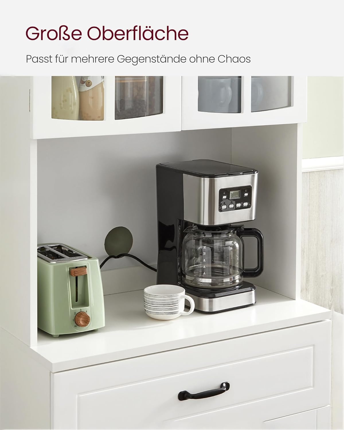 VASAGLE Armario de cocina, armario multiusos, armario de despensa, con estantes ajustables, apto para microondas, cajón, puertas de cristal, orificio para cables, estilo moderno, blanco LSC361W21