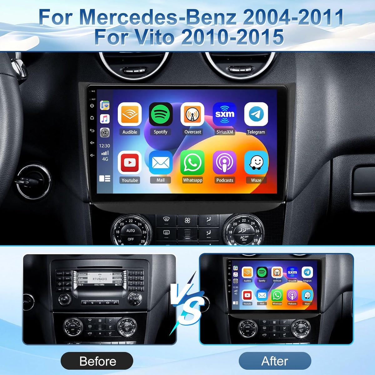 Autoradio 2G+32G para Mercedes-Benz Vito 2004-2011/2010-2015 con Carplay inalámbrico y Android Auto, Android 13 10.1'' Radio de coche con BT GPS WiFi Mirror Link FM/RDS EQ SWC