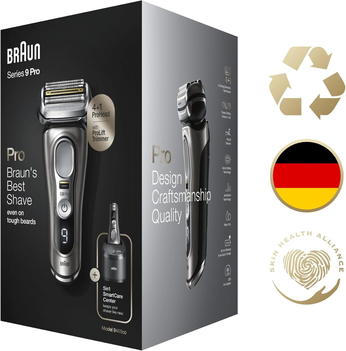 Afeitadora Braun Series 9 Pro Premium para hombre, ganadora del test de Stiftung Warentest, cabezal de afeitado 4+1, afeitadora eléctrica y recortadora, estación de limpieza, 60 min de autonomía, 9465cc, metal noble