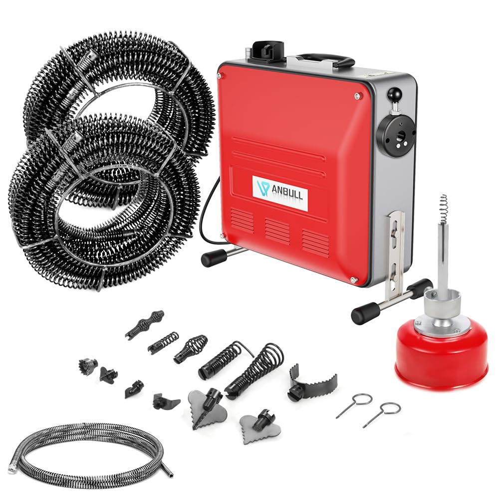 Máquina limpiatuberías eléctrica Anbull de 850 W con espiral de 14 m Ø22 mm, 14,5 m Ø16 mm y 5 m Ø10 mm para tuberías de Ø20 a 200 mm, 450 rpm