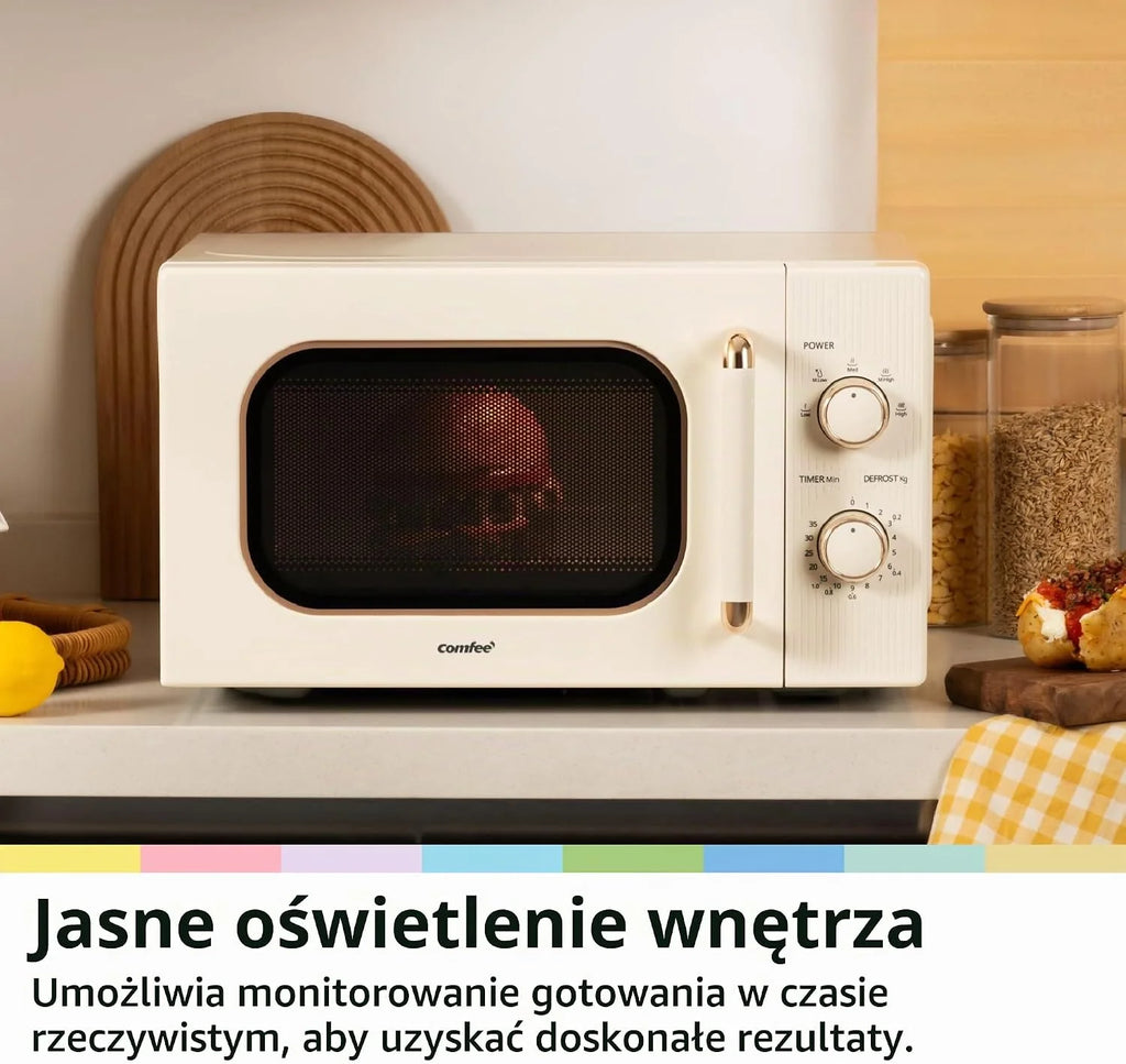 COMFEE ' CMO-M202NC(CM) Elegancka Vintage Retro Kuchenka mikrofalowa z 5 poziomami mocy, 700 W, 20 l, regulowany timer 0-35 min, proste sterowanie, oświetlenie wewnętrzne, krem morelowy
