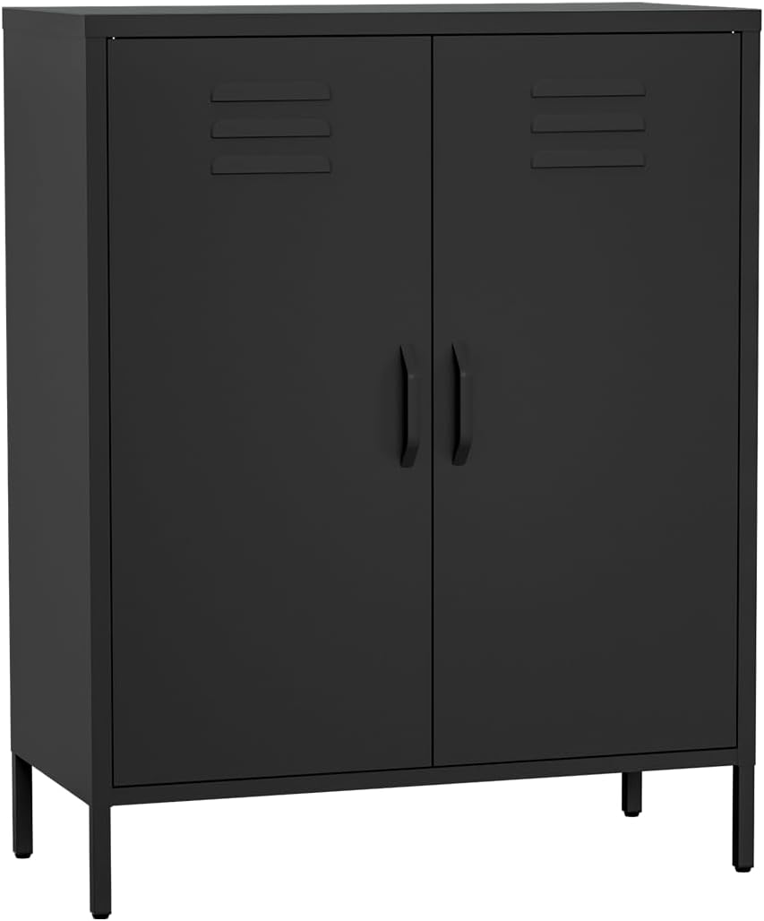 Cómoda de metal Atria de skølm – Aparador en negro – Armario metálico con 3 compartimentos y puertas dobles – Armario multiusos con estantes flexibles – Highboard estilo industrial – Armario de almacenaje/mueble recibidor