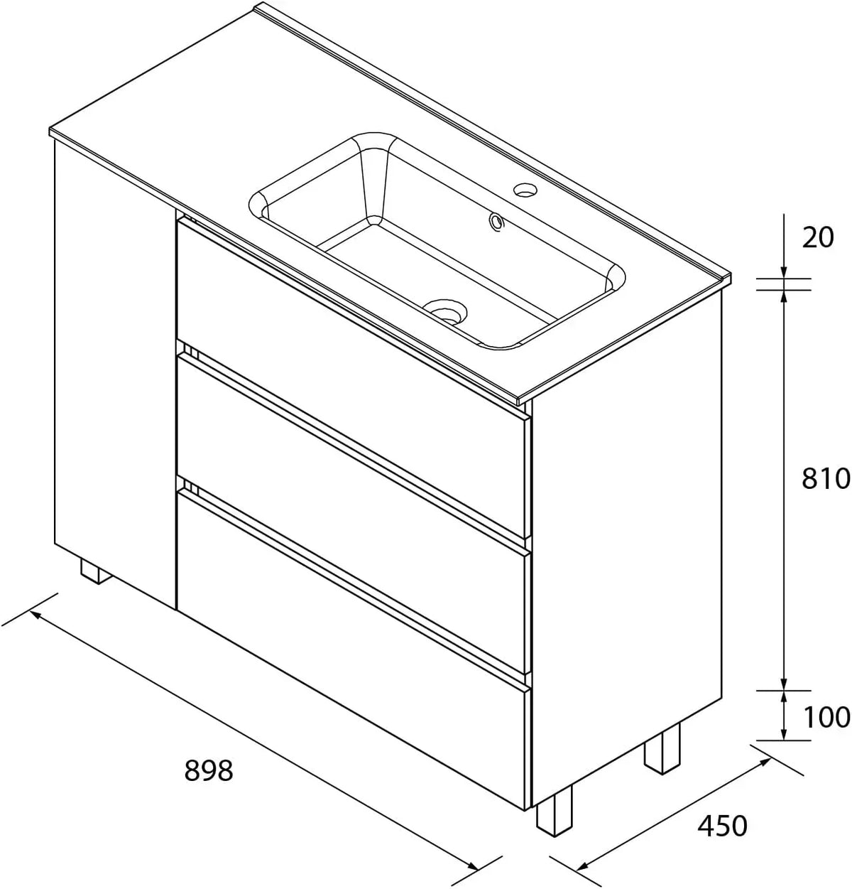 Mueble de baño BEQUIA Plus Metal 3 cajones 90 cm Roble | Lavabo porcelana grifo derecha