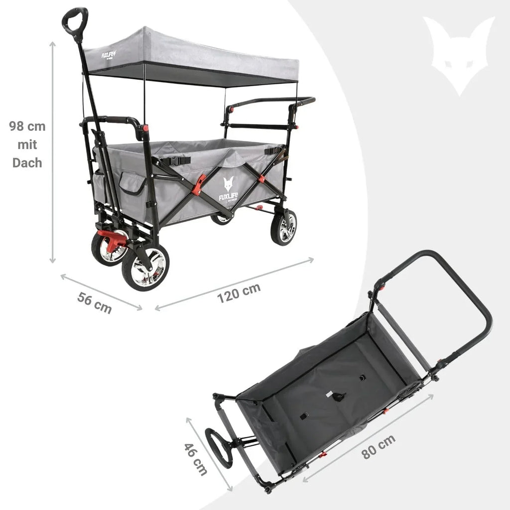 Carrito de mano plegable y compacto Fuxtec FX-CT700 gris, con frenos, asiento acolchado, mango ajustable en altura, para excursiones