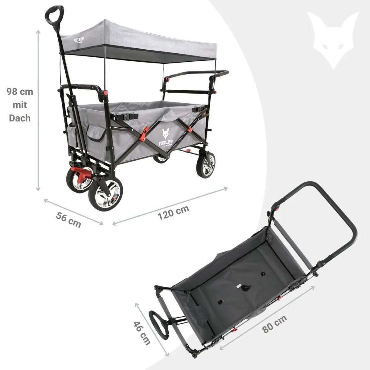 Carrito de mano plegable y compacto Fuxtec FX-CT700 gris, con frenos, asiento acolchado, mango ajustable en altura, para excursiones