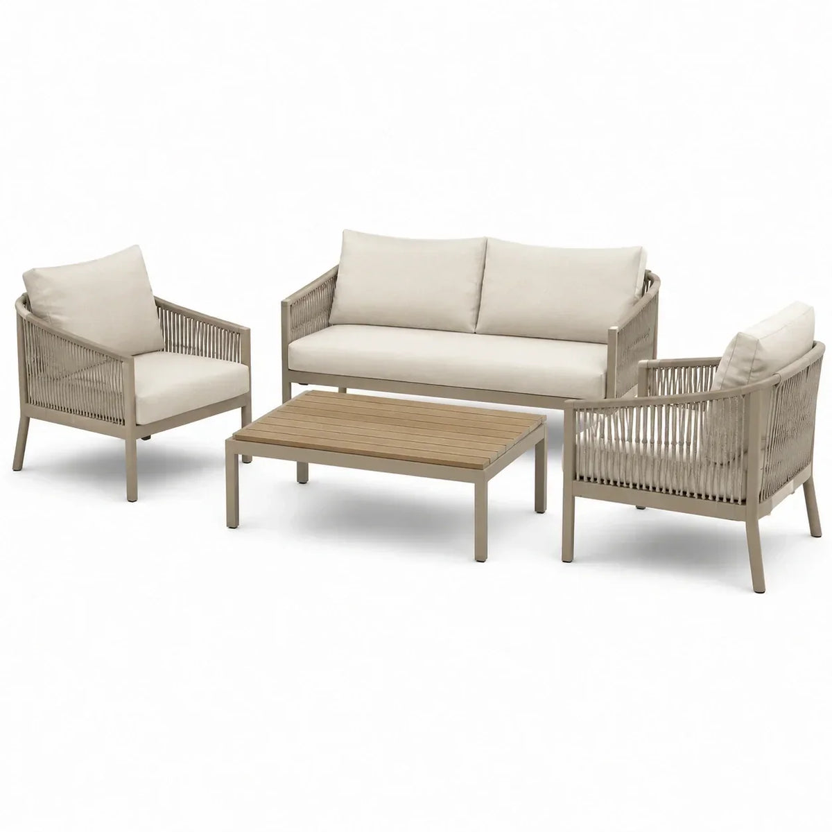 Set de muebles de jardín de 4 piezas con sofá de dos plazas de 133 × 75 × 77 cm, 2 sillones y mesa de centro, topo/beige