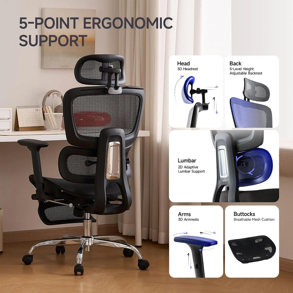 LarkLeaves Ergonomiczny Fotel Biurowy z Podnóżkiem Czarny L10 Lite