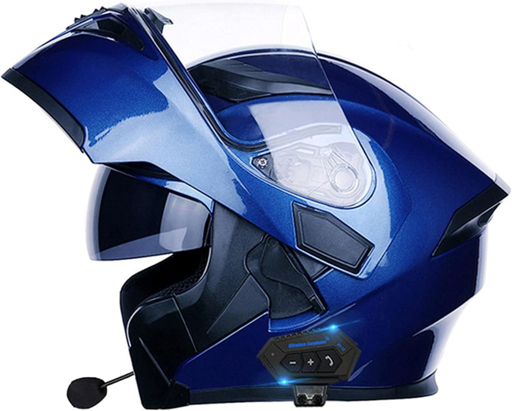 Casco de moto modular Bluetooth integrado homologado ECE/DOT con doble visera antivaho y micrófono, casco de moto integral para hombres, mujeres y adultos, azul, M