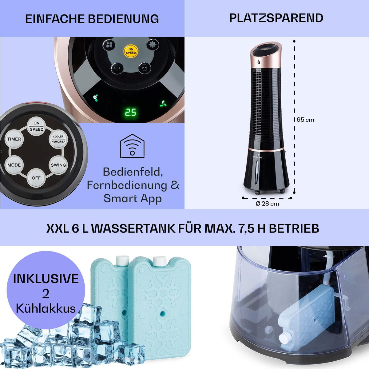 Klarstein 4 en 1: Enfriador de aire inteligente, ventilador, humidificador e ionizador I Depósito de agua de 6 L, oscilación, 30 W, 210 m³/h, temporizador I Aire acondicionado sin tubo de escape, aire acondicionado portátil, negro-oro rosa