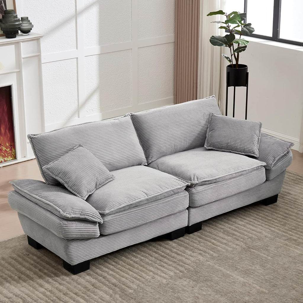 Sofá de 3 plazas, sofá con reposabrazos, cojines decorativos, sofá tapizado con funda de pana, acolchado grueso, sofá lounge, capacidad de carga hasta 450 kg, para sala de estar, dormitorio, 224x81x81cm (gris claro)