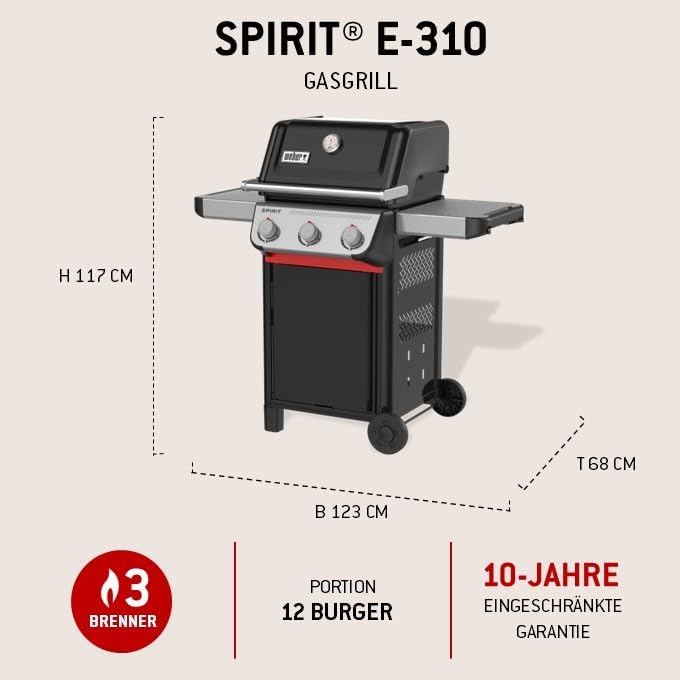 Barbacoa de gas Weber Spirit E-310 / 3 quemadores, encendido Snap-Jet, ruedas resistentes y rejilla de calentamiento, superficie de cocción de 51 x 46 cm, compatible con las mesas laterales Weber Works, negro/plateado