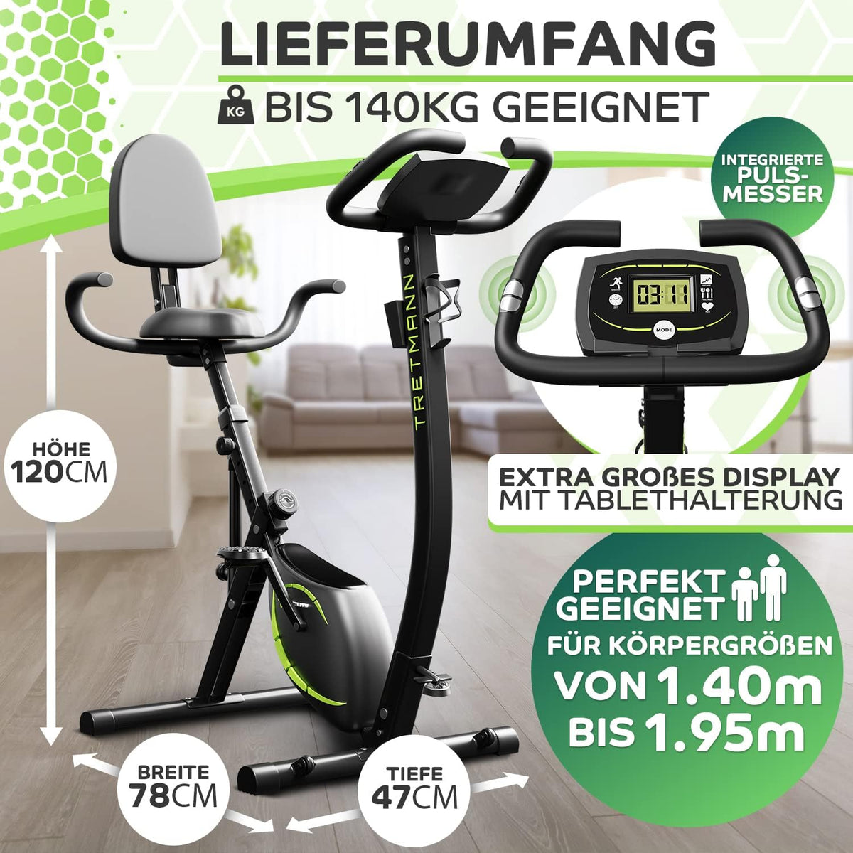 Tretmann NUEVA Bicicleta estática plegable 3 en 1 - extra silenciosa y cómoda - [SoftFoam] probada por DEKRA - con acceso bajo, bicicleta ergómetro para el hogar, bicicletas de fitness plegables