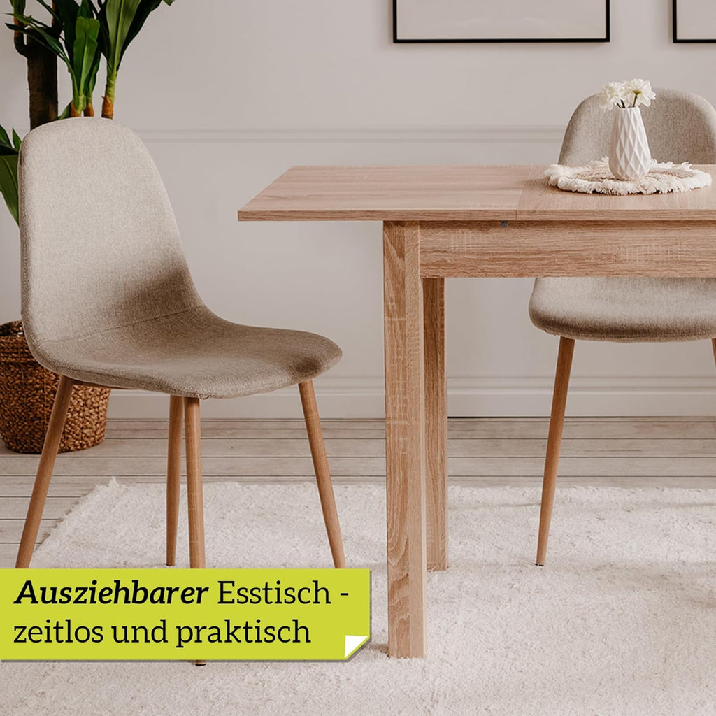 Mesa de comedor inteligente de 90x60 cm en roble, mesa de cocina extensible hasta 130 cm, mesa de comedor de madera contrachapada incl. placa de extensión, mesa moderna para hasta 6 personas