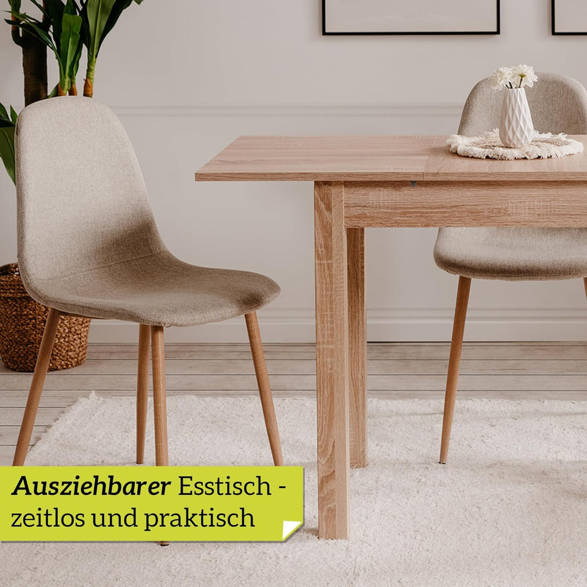 Mesa de comedor inteligente de 90x60 cm en roble, mesa de cocina extensible hasta 130 cm, mesa de comedor de madera contrachapada incl. placa de extensión, mesa moderna para hasta 6 personas